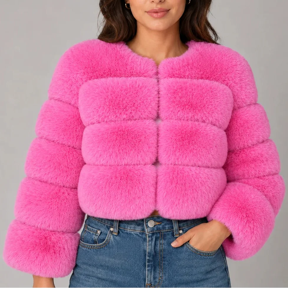 Women's Cropped Fur Look Jacket with Round Neck & Long Sleeves
