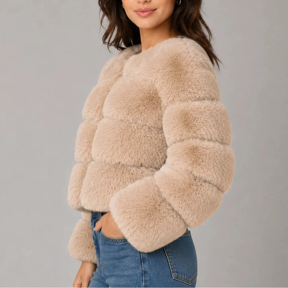 Women's Cropped Fur Look Jacket with Round Neck & Long Sleeves