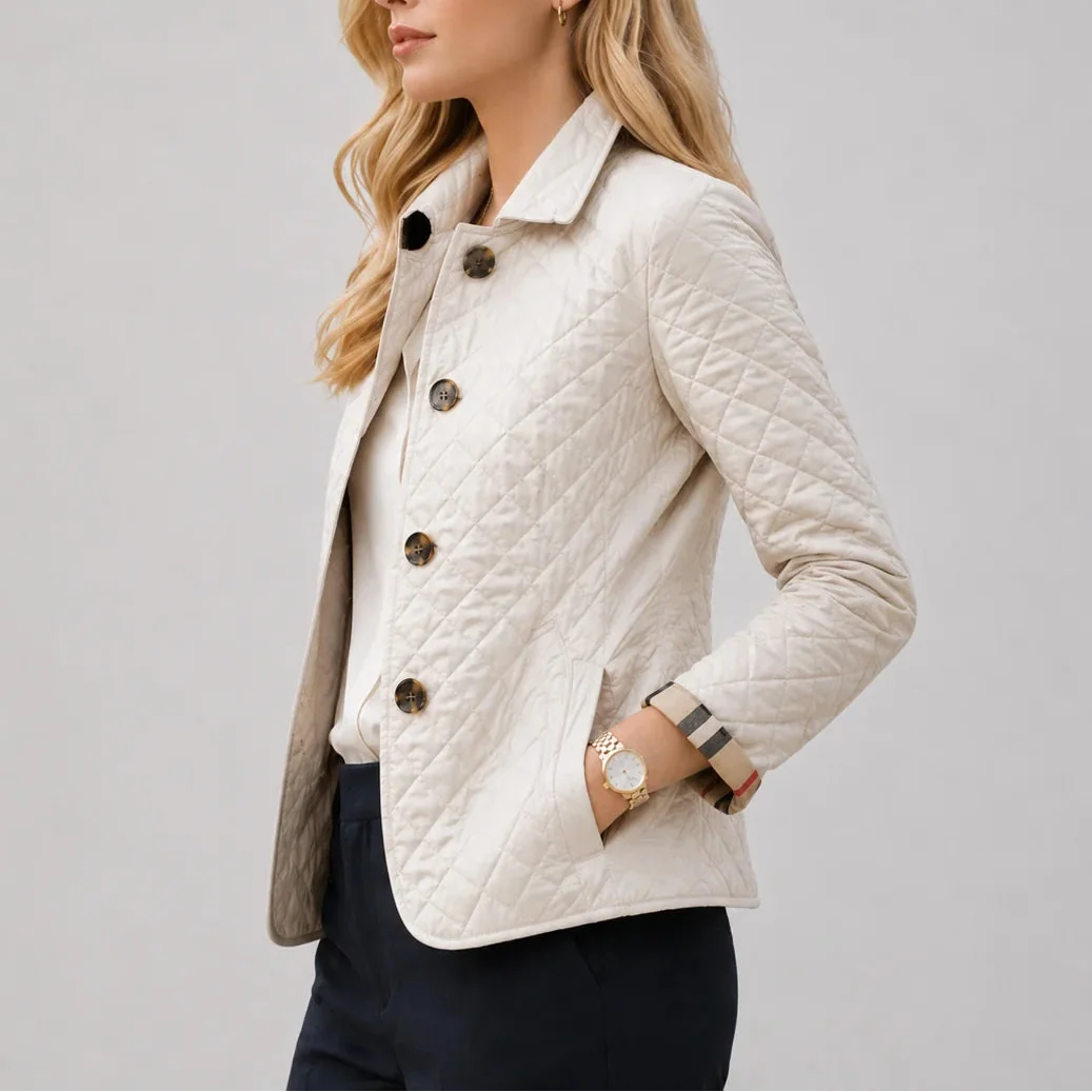 Women’s Quilted Jacket – Lightweight Button-Up Coat with Stand Collar – Casual, Everyday Wear