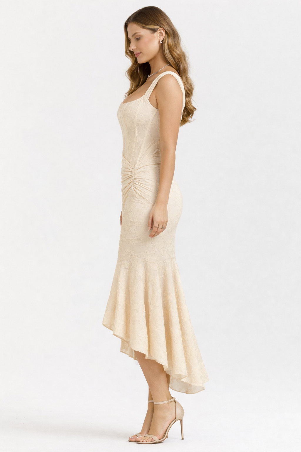 Luminous Neutral Satin Bias Cut Midi Dress Women UK – Elegant Evening Wear, Wedding Guest