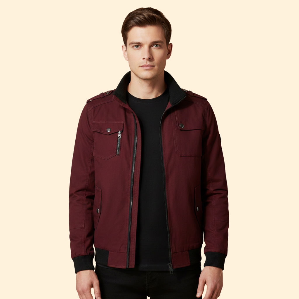 Men's Military Bomber Jacket in Burgundy – Casual Wear, Outdoor Activities