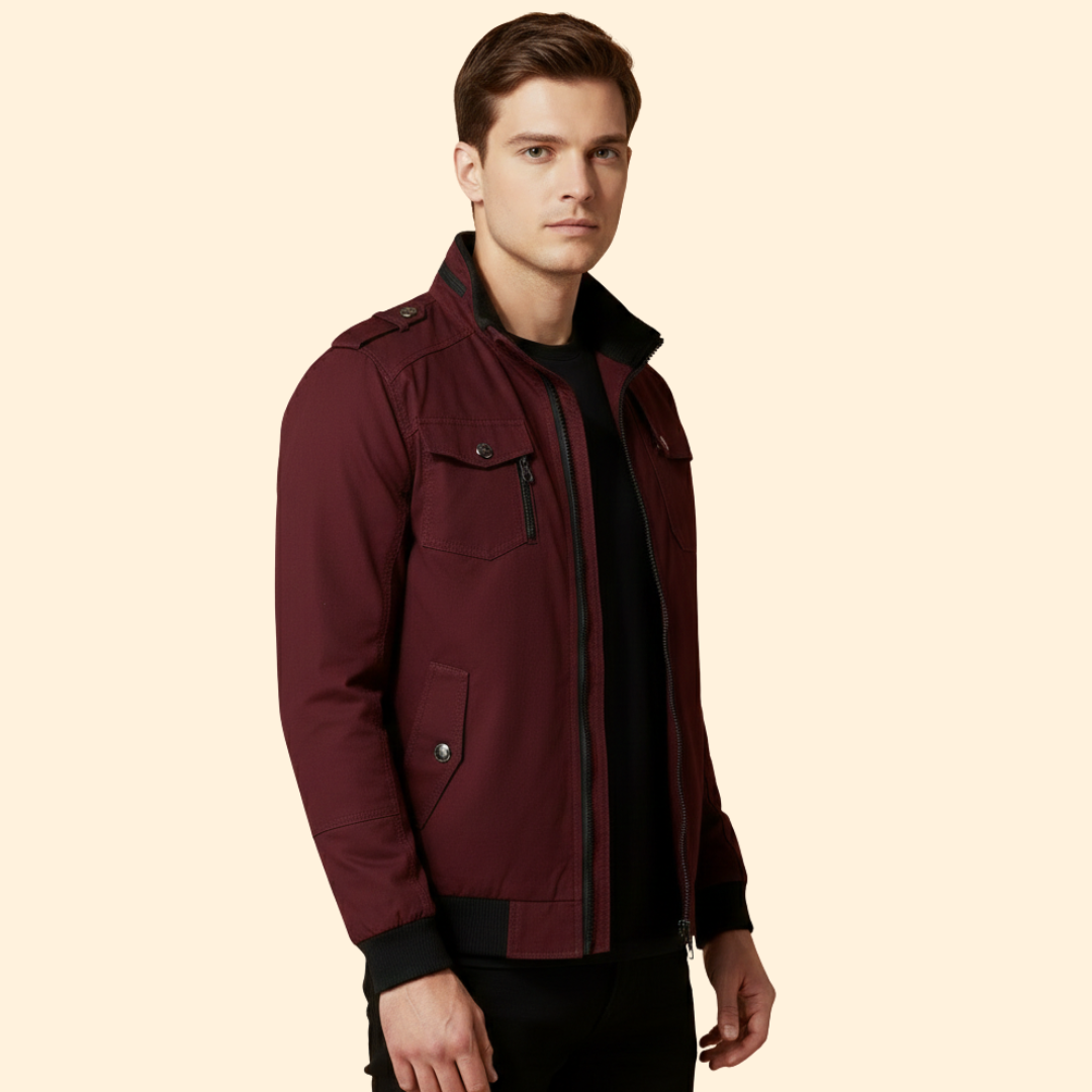 Men's Military Bomber Jacket in Burgundy – Casual Wear, Outdoor Activities