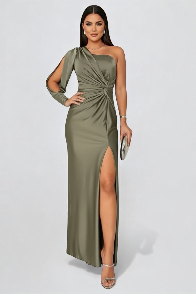 One-Shoulder Maxi Dress – Long Sleeve, Occasion Gown for Weddings & Events