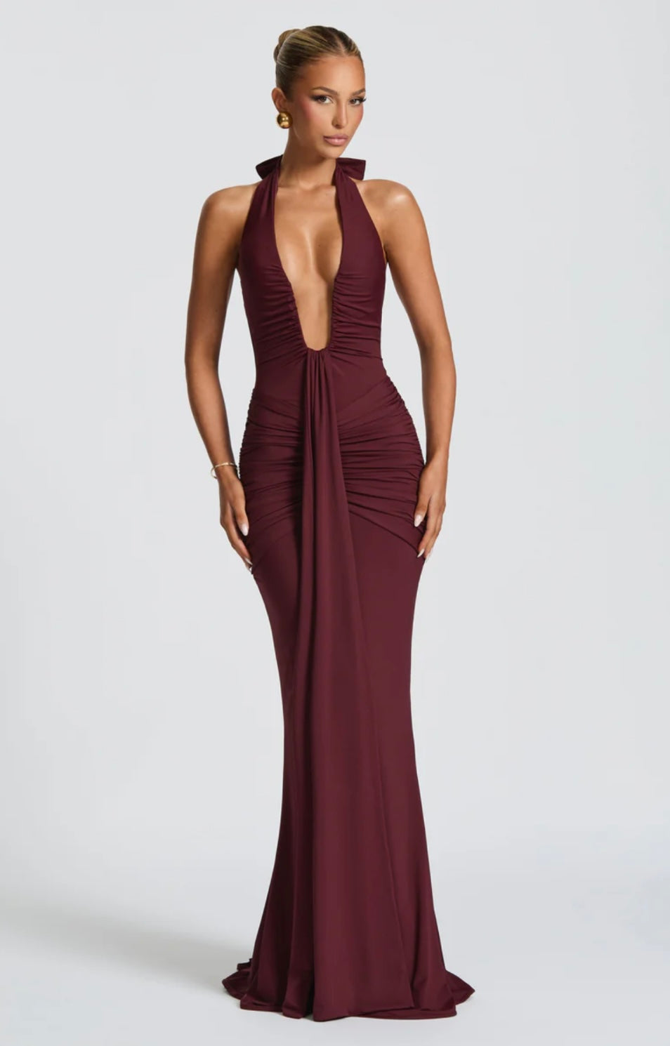 Ruched Plunging Maxi Dress Women UK – Evening Gown, Formal Occasion