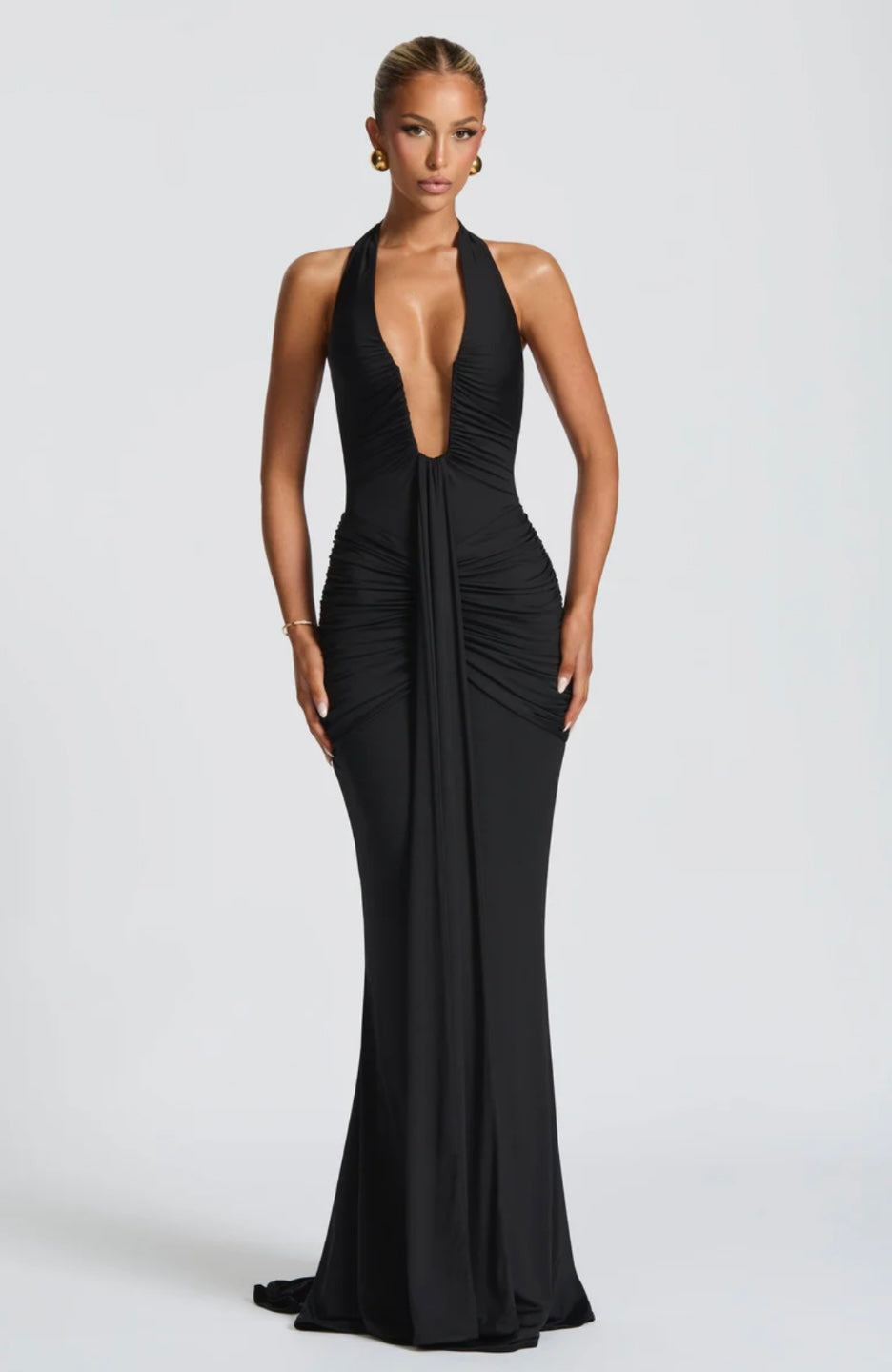 Ruched Plunging Maxi Dress Women UK – Evening Gown, Formal Occasion