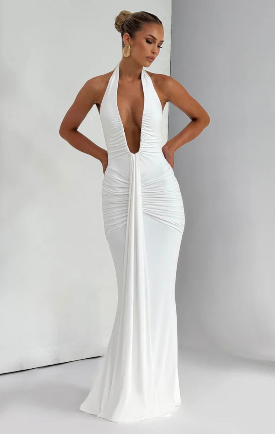 Ruched Plunging Maxi Dress Women UK – Evening Gown, Formal Occasion