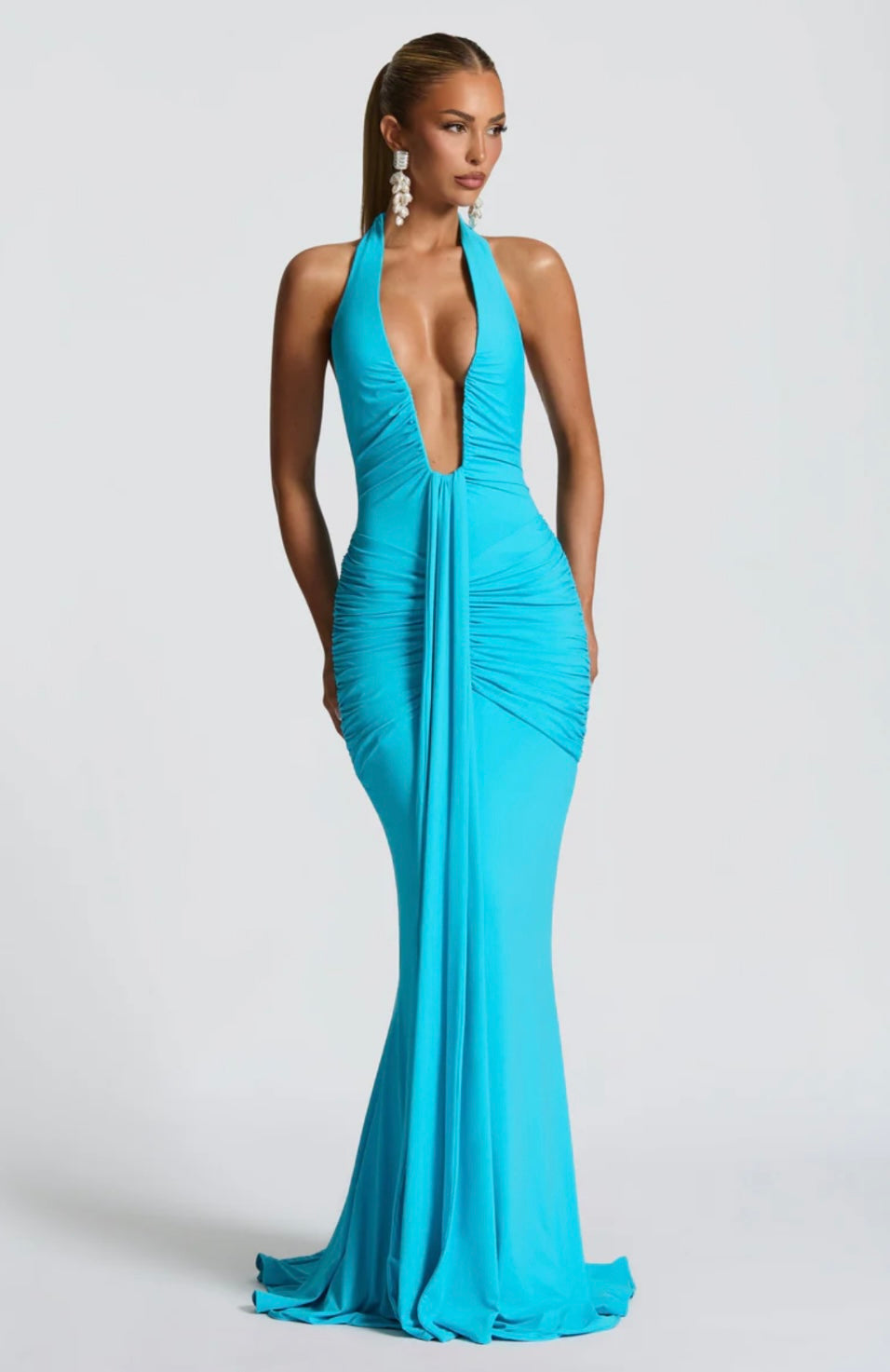 Ruched Plunging Maxi Dress Women UK – Evening Gown, Formal Occasion