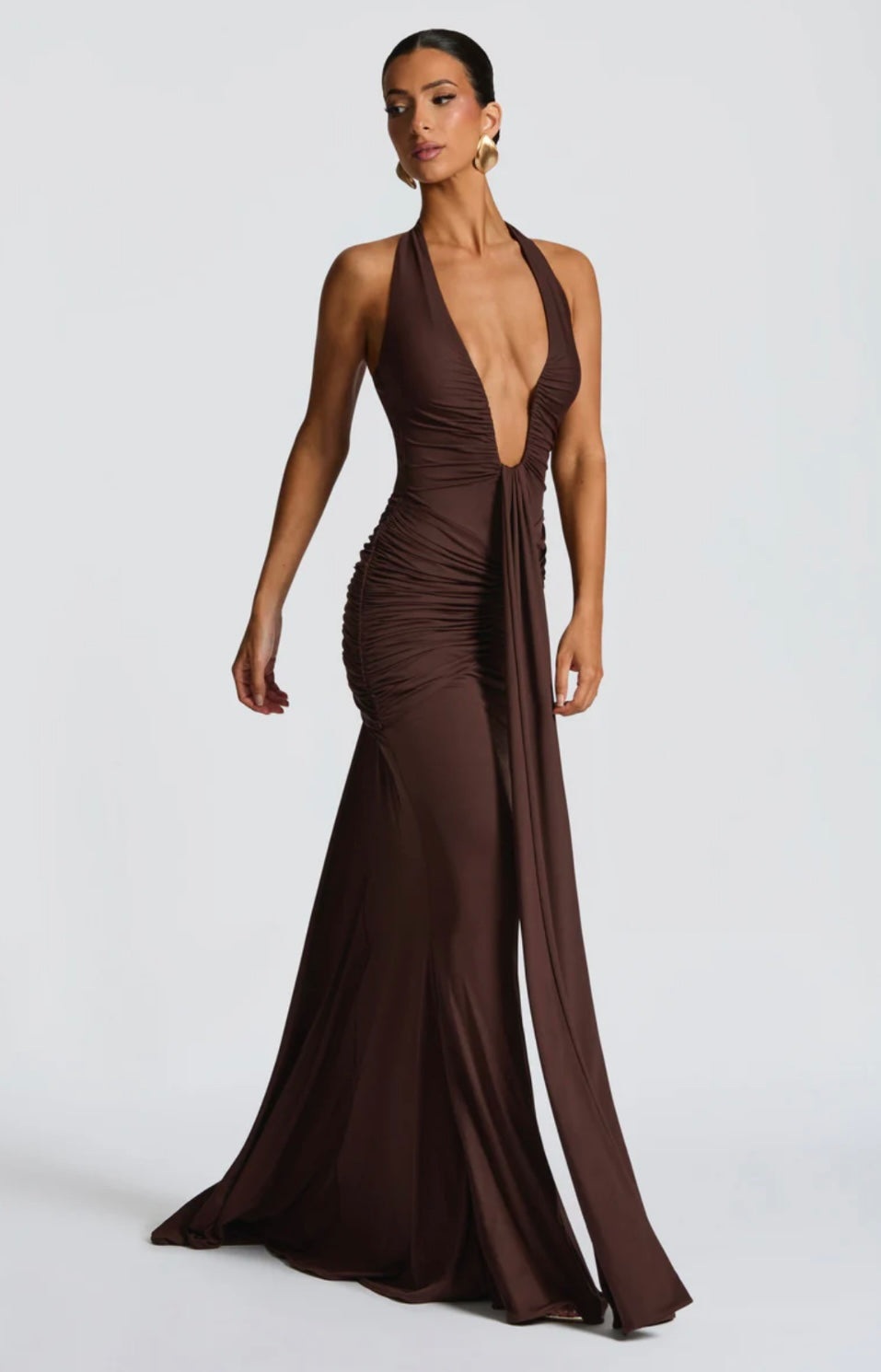 Ruched Plunging Maxi Dress Women UK – Evening Gown, Formal Occasion