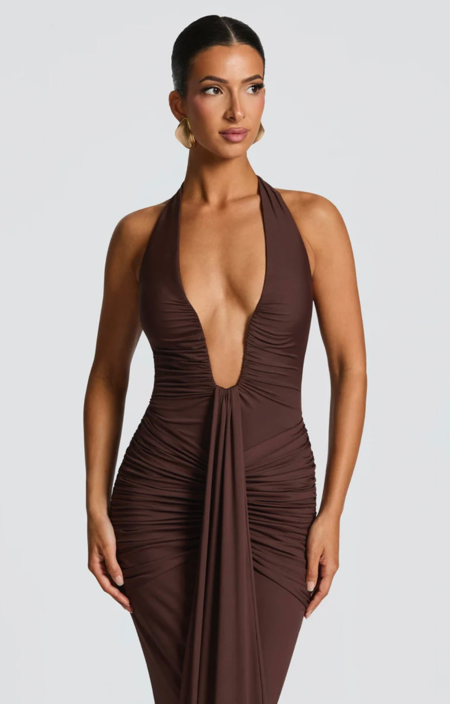 Ruched Plunging Maxi Dress Women UK – Evening Gown, Formal Occasion