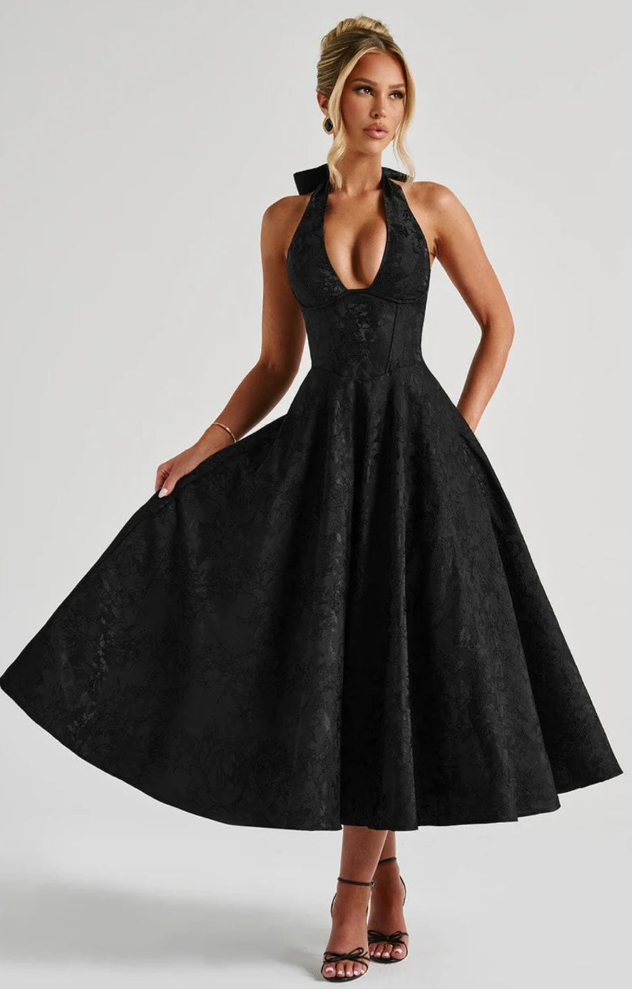 Jacquard Floral Midi Dress – Halter, Occasion Gown for Weddings & Events