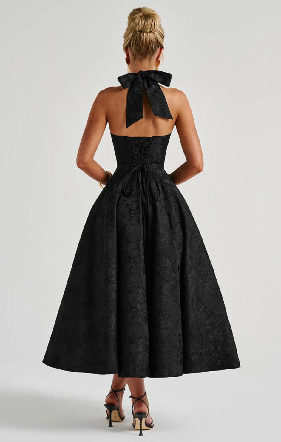 Jacquard Floral Midi Dress – Halter, Occasion Gown for Weddings & Events