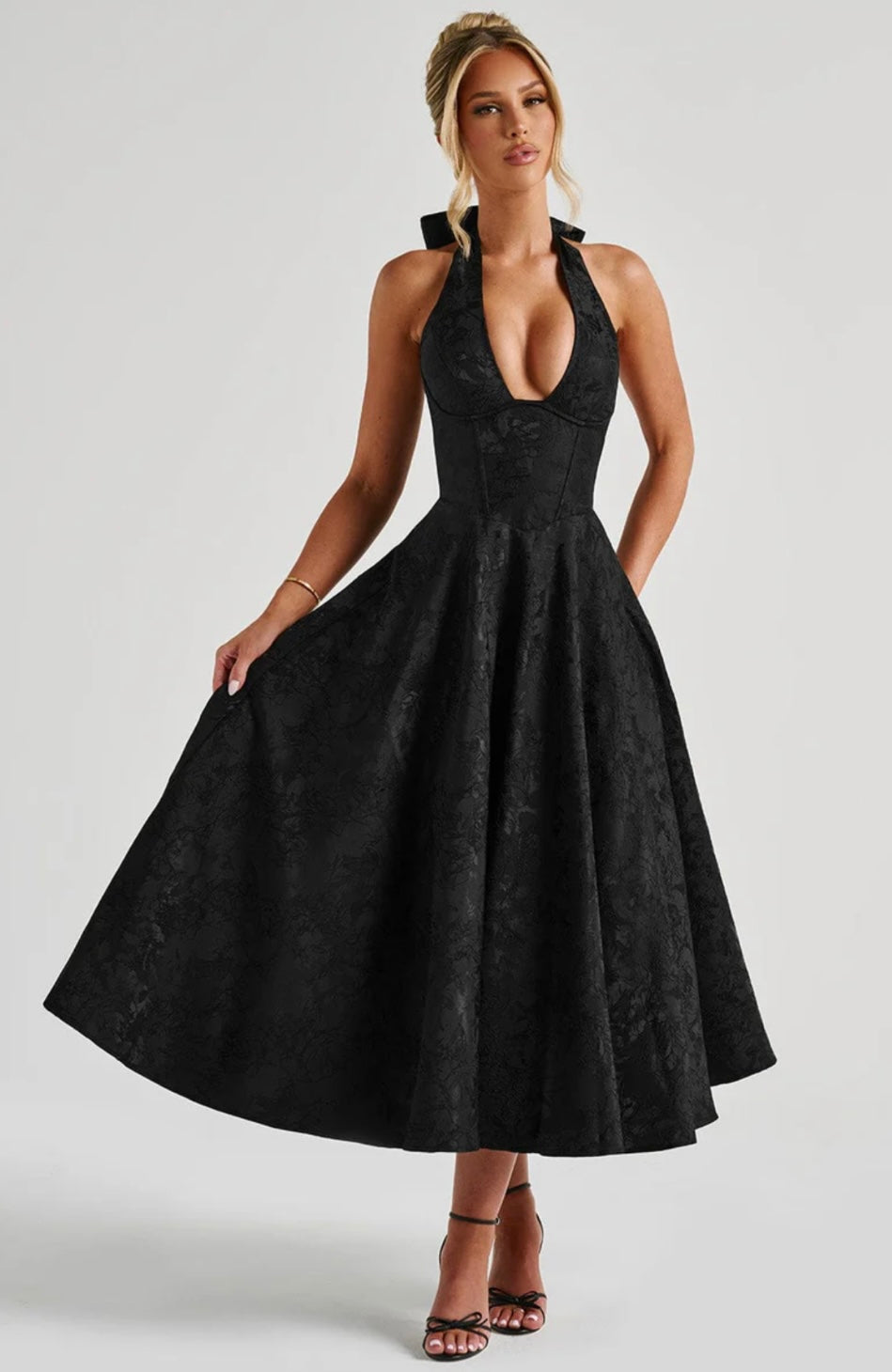 Jacquard Floral Midi Dress – Halter, Occasion Gown for Weddings & Events