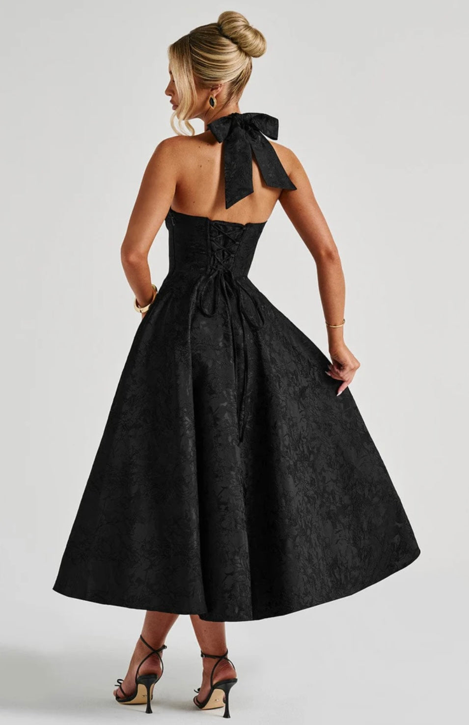 Jacquard Floral Midi Dress – Halter, Occasion Gown for Weddings & Events