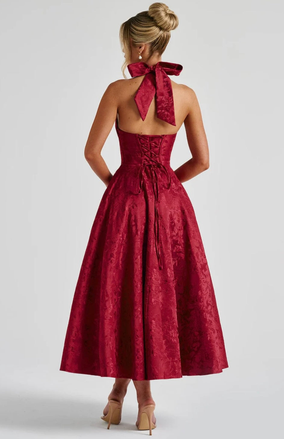 Jacquard Floral Midi Dress – Halter, Occasion Gown for Weddings & Events
