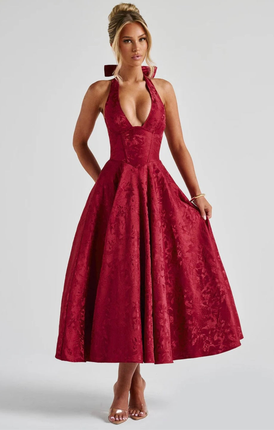 Jacquard Floral Midi Dress – Halter, Occasion Gown for Weddings & Events