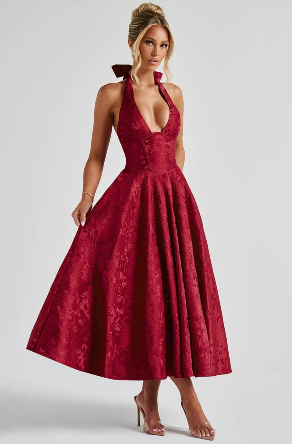 Jacquard Floral Midi Dress – Halter, Occasion Gown for Weddings & Events