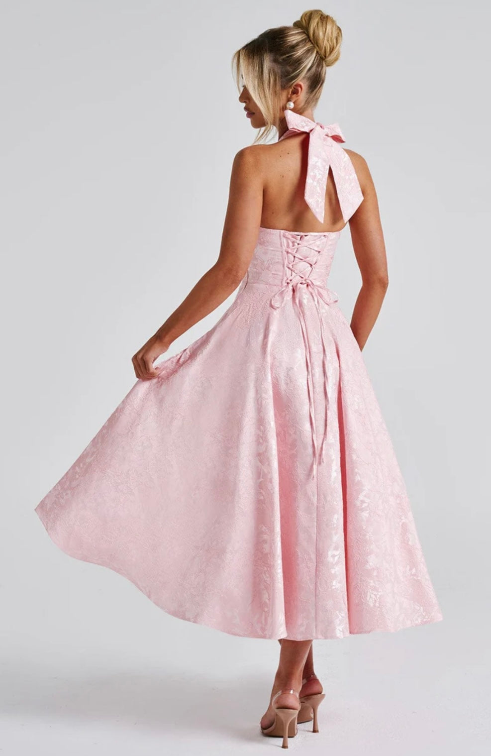 Jacquard Floral Midi Dress – Halter, Occasion Gown for Weddings & Events