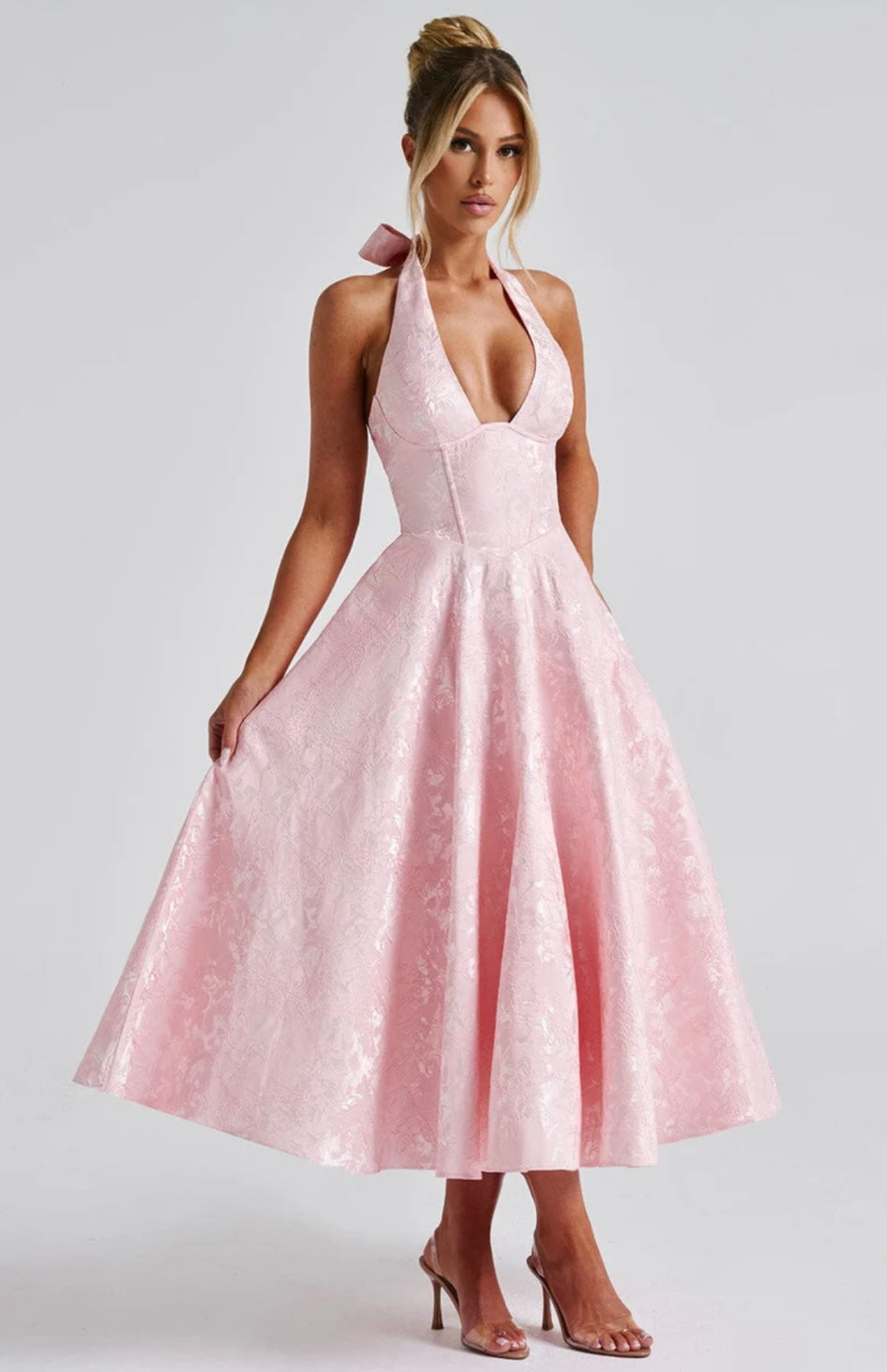 Jacquard Floral Midi Dress – Halter, Occasion Gown for Weddings & Events