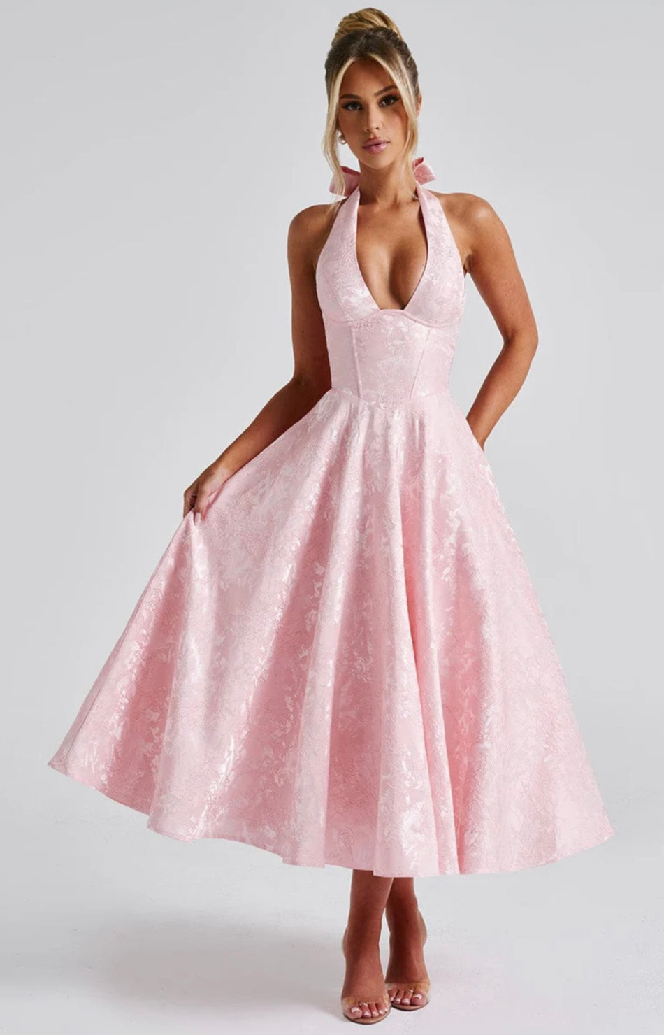 Jacquard Floral Midi Dress – Halter, Occasion Gown for Weddings & Events