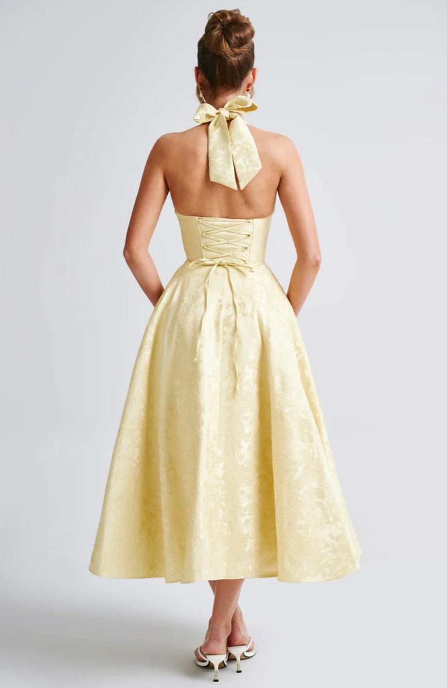 Jacquard Floral Midi Dress – Halter, Occasion Gown for Weddings & Events