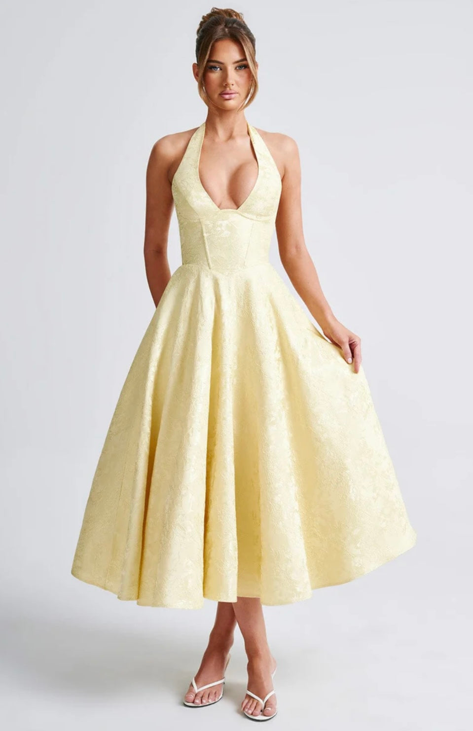 Jacquard Floral Midi Dress – Halter, Occasion Gown for Weddings & Events