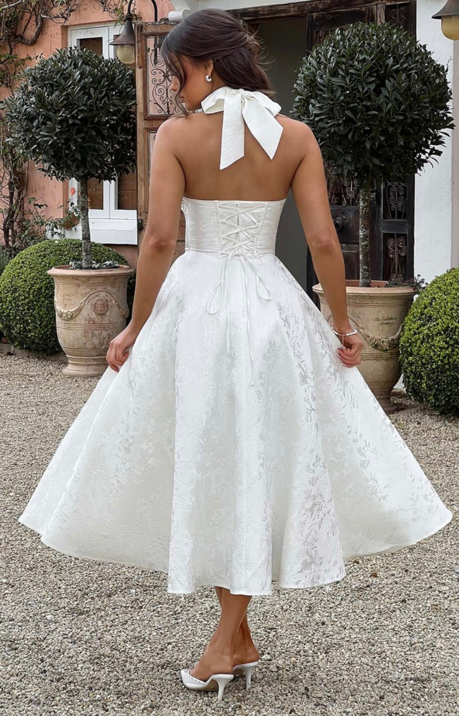 Jacquard Floral Midi Dress – Halter, Occasion Gown for Weddings & Events