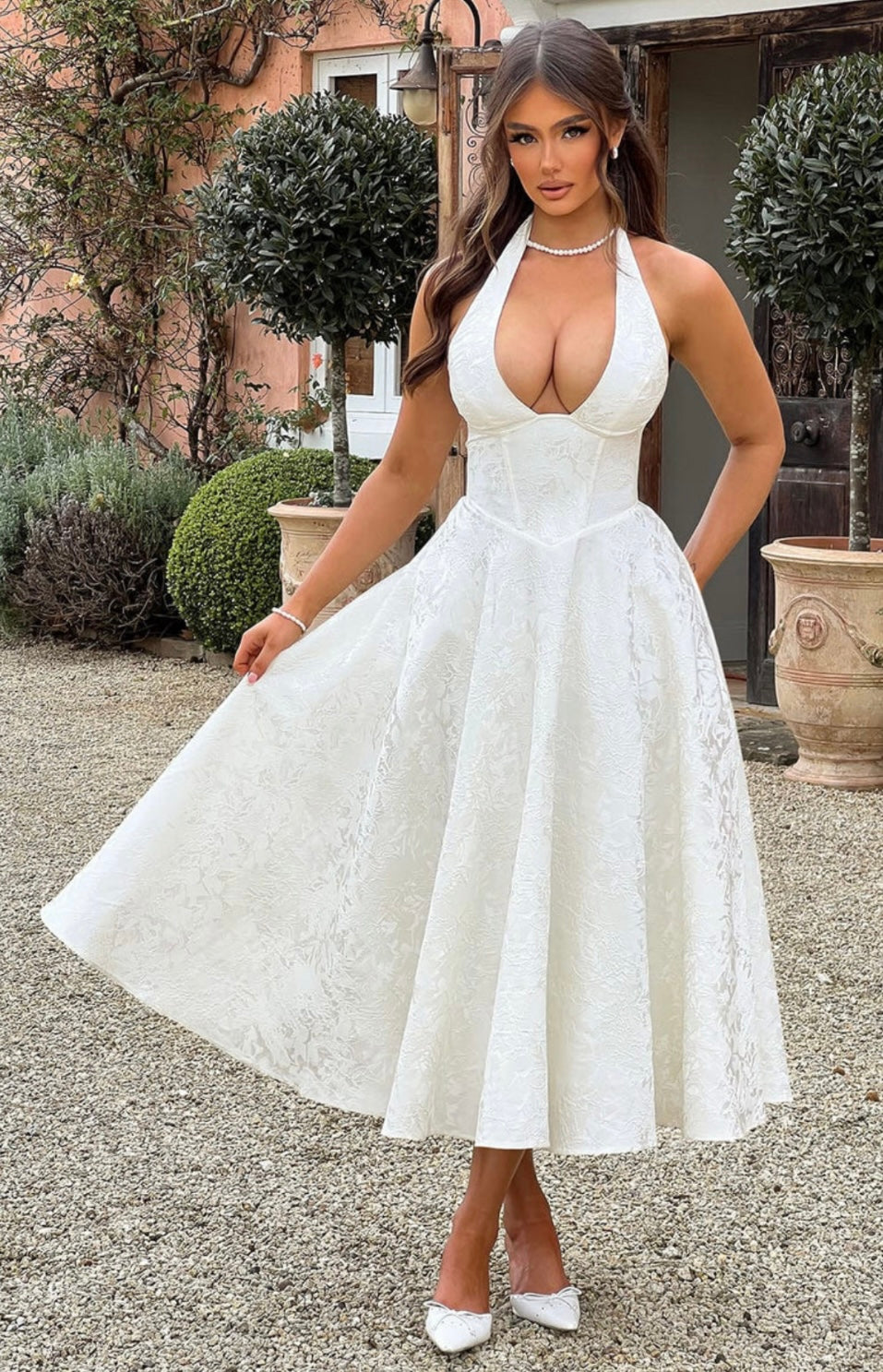 Jacquard Floral Midi Dress – Halter, Occasion Gown for Weddings & Events