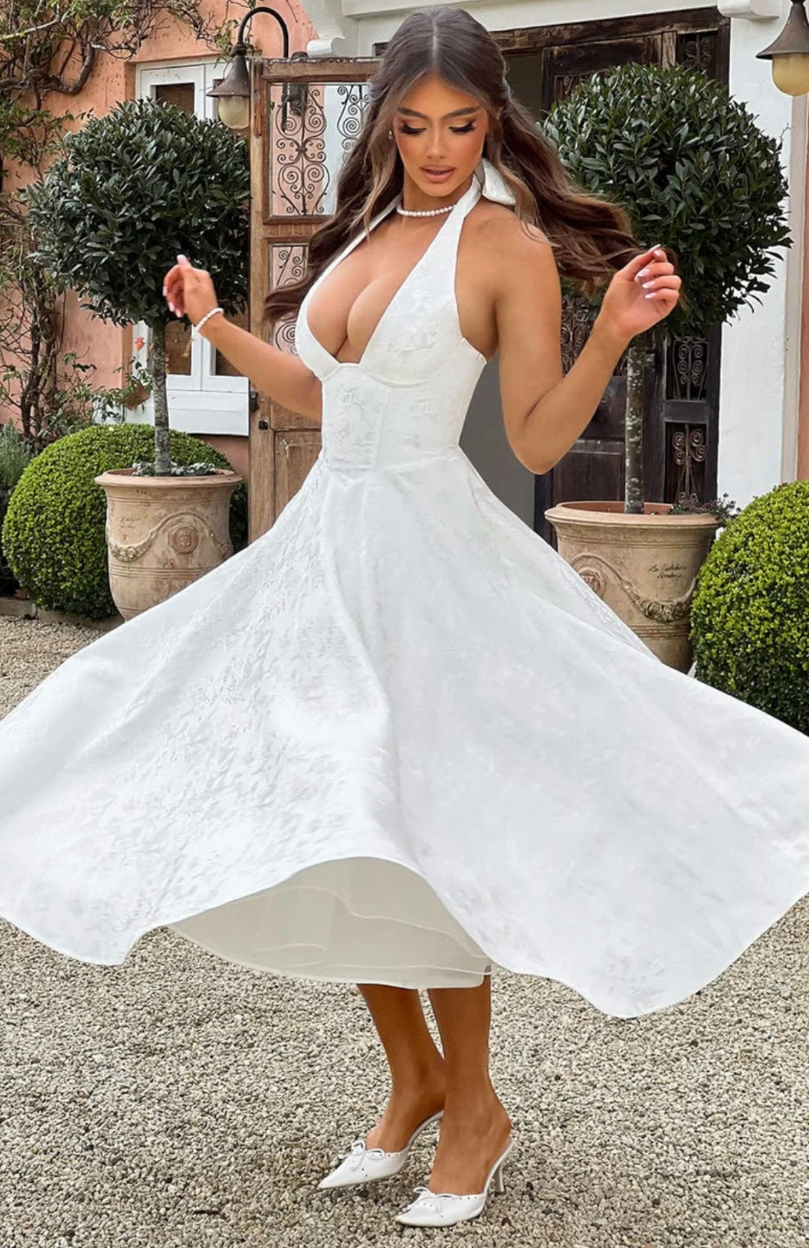 Jacquard Floral Midi Dress – Halter, Occasion Gown for Weddings & Events