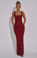 Crystal Mesh Square Neck Maxi Dress Women UK – Evening Gown, Formal Occasion