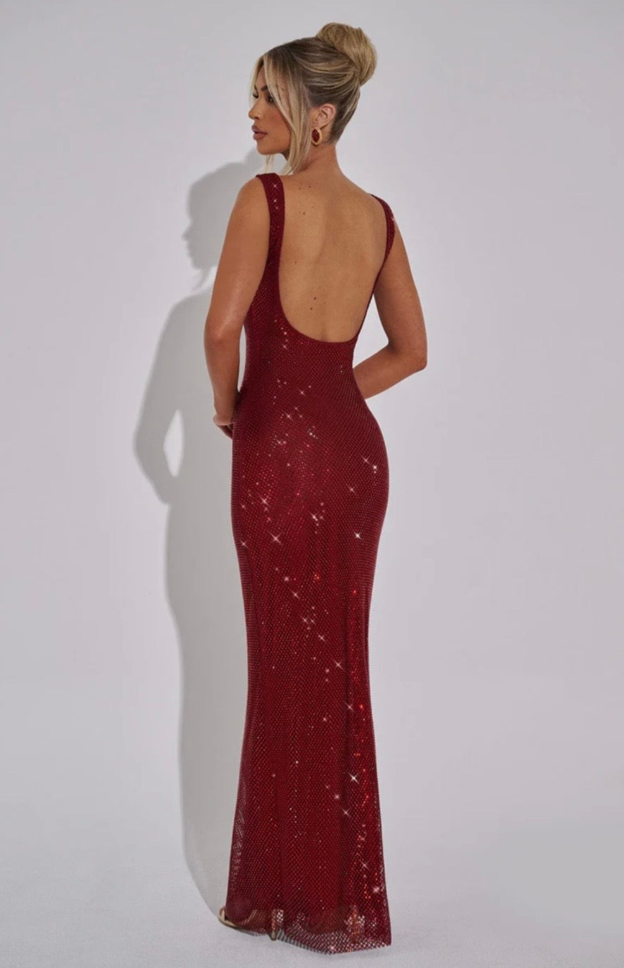 Crystal Mesh Square Neck Maxi Dress Women UK – Evening Gown, Formal Occasion