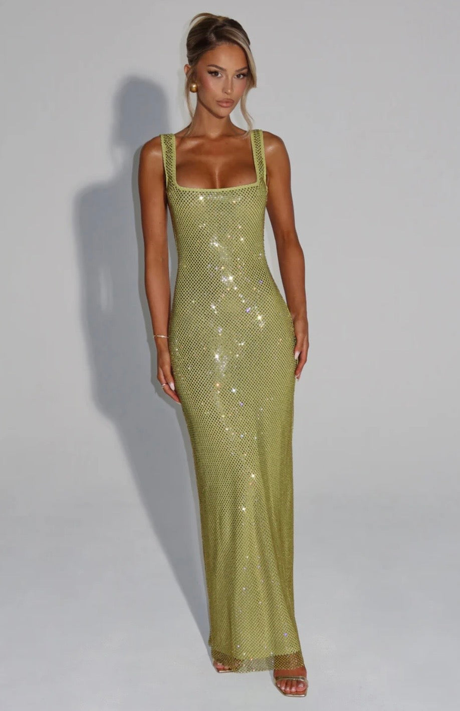 Crystal Mesh Square Neck Maxi Dress Women UK – Evening Gown, Formal Occasion
