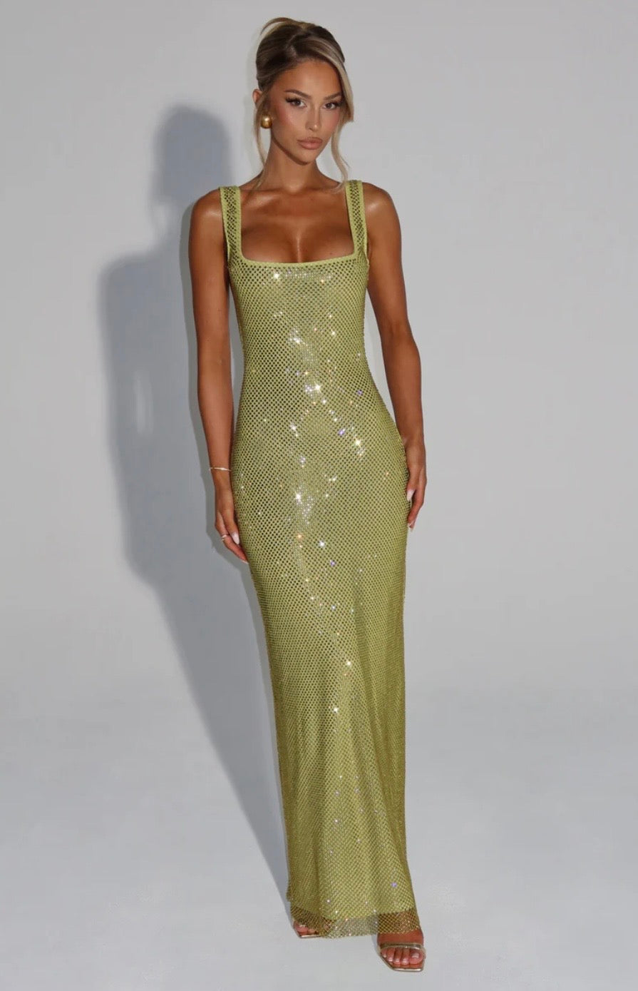 Crystal Mesh Square Neck Maxi Dress Women UK – Evening Gown, Formal Occasion