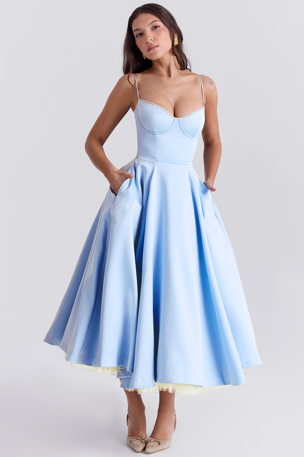Soft Pink Satin Corset Midi Dress Women UK – Formal Occasion, Wedding Guest