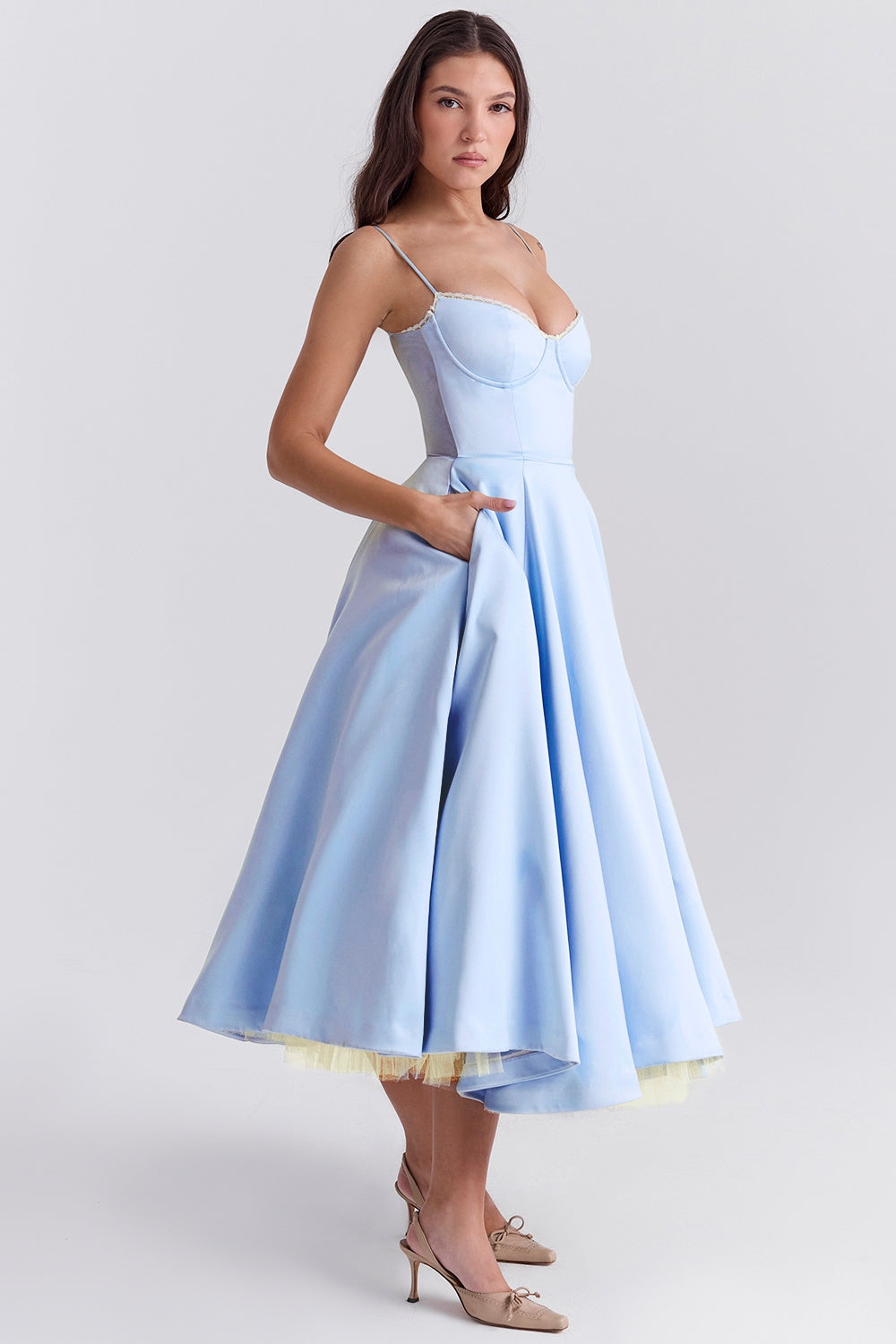 Soft Pink Satin Corset Midi Dress Women UK – Formal Occasion, Wedding Guest