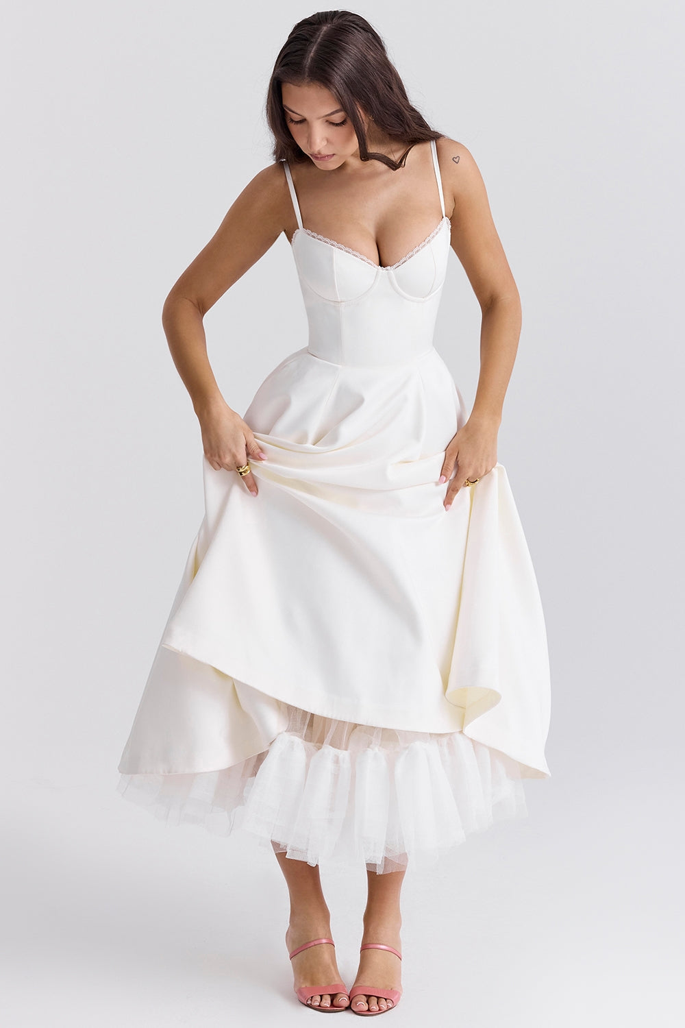 Soft Pink Satin Corset Midi Dress Women UK – Formal Occasion, Wedding Guest