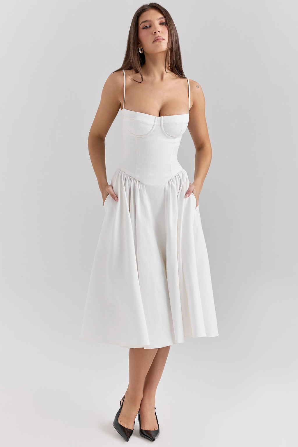 Peach Twill Sweetheart Midi Dress Women UK – Evening Wear, Garden Party