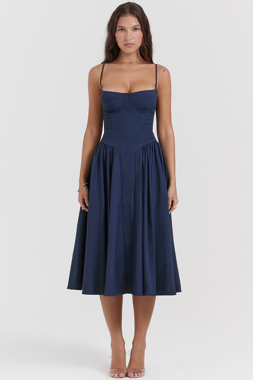 Peach Twill Sweetheart Midi Dress Women UK – Evening Wear, Garden Party