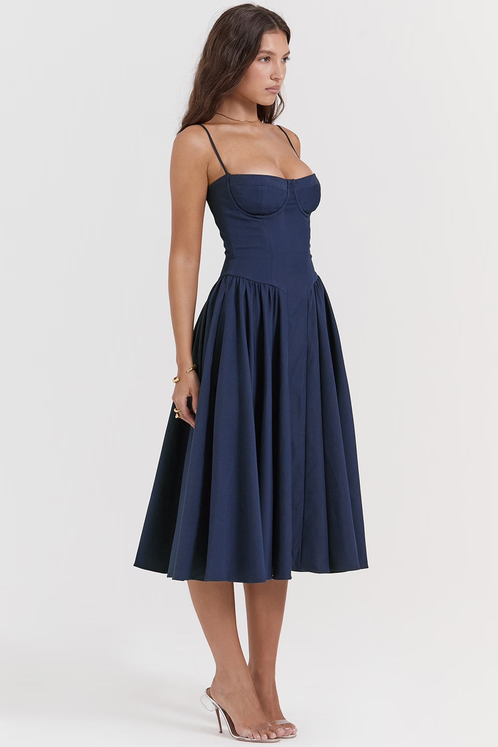 Peach Twill Sweetheart Midi Dress Women UK – Evening Wear, Garden Party