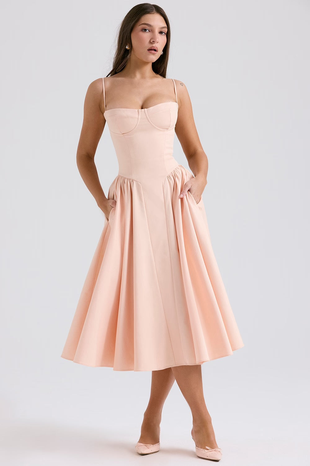 Peach Twill Sweetheart Midi Dress Women UK – Evening Wear, Garden Party