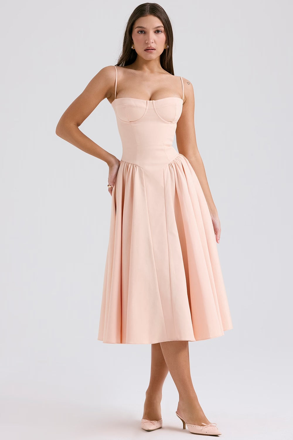 Peach Twill Sweetheart Midi Dress Women UK – Evening Wear, Garden Party