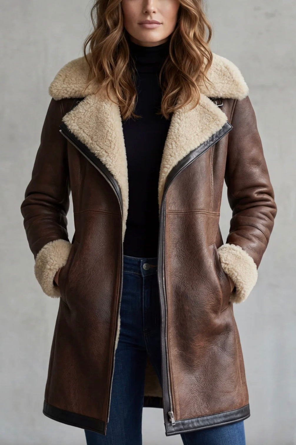 Women's Leather Coat with Shearling Lining – Autumn Layering, Casual Outing