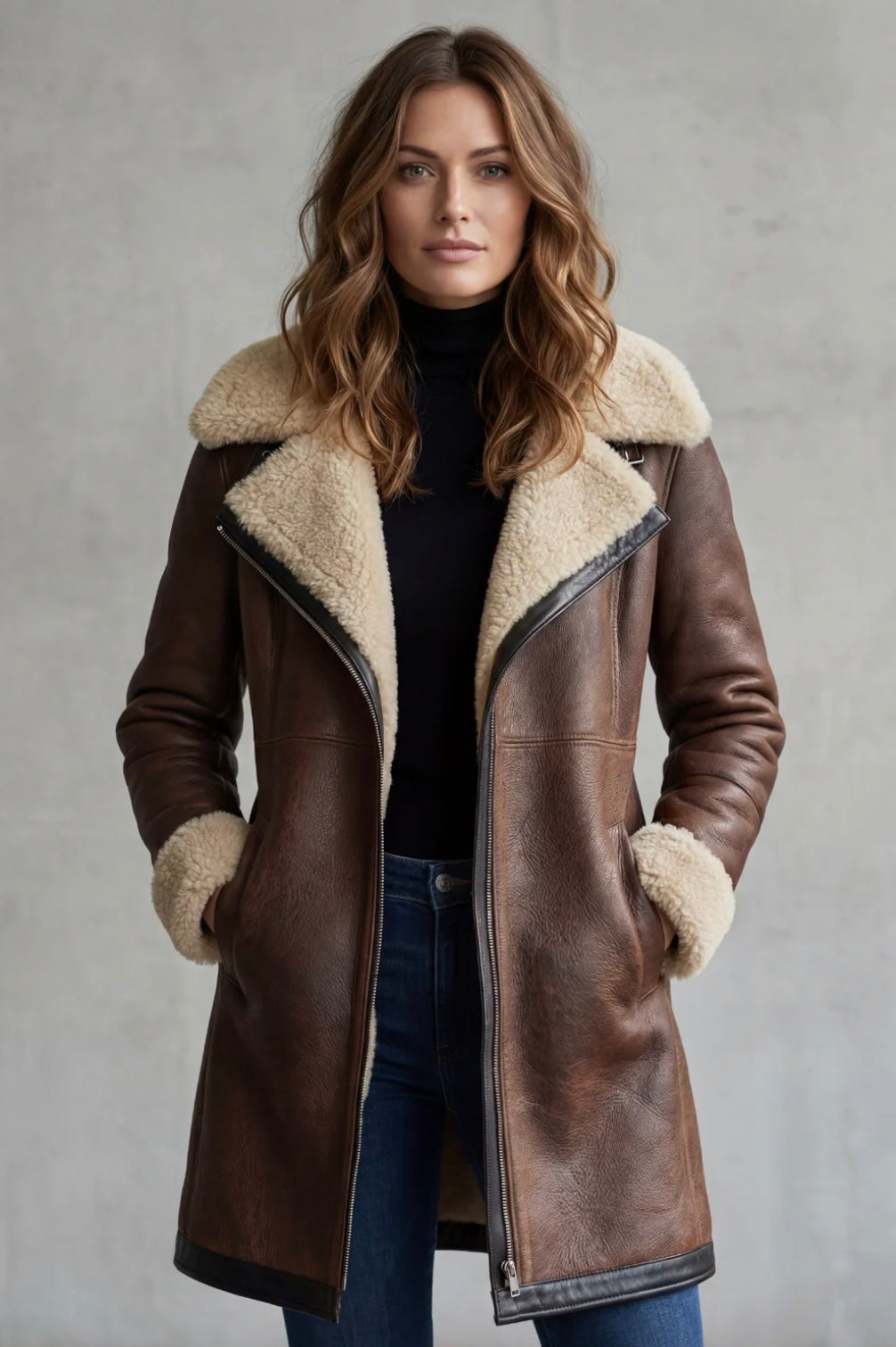 Women's Leather Coat with Shearling Lining – Autumn Layering, Casual Outing