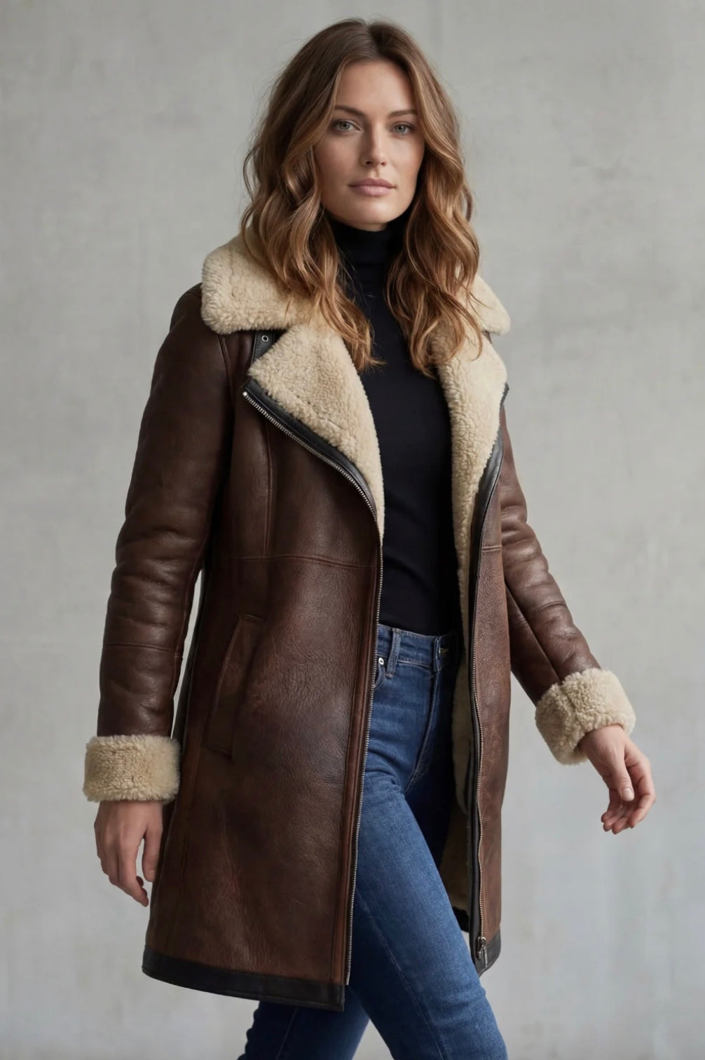 Women's Leather Coat with Shearling Lining – Autumn Layering, Casual Outing