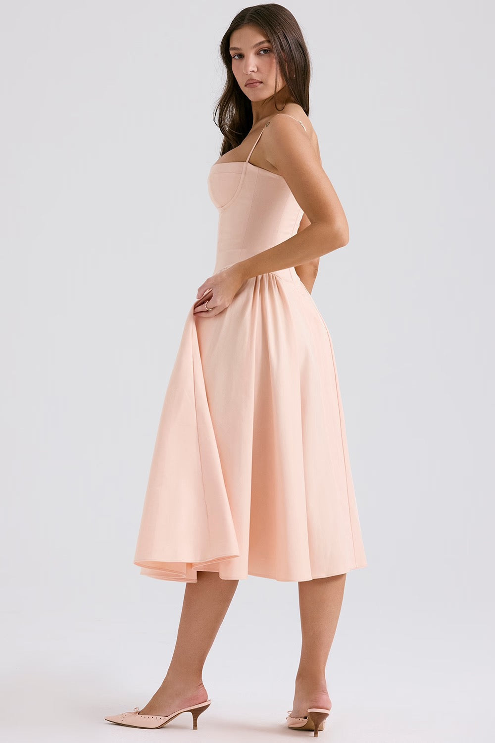 Peach Twill Sweetheart Midi Dress Women UK – Evening Wear, Garden Party