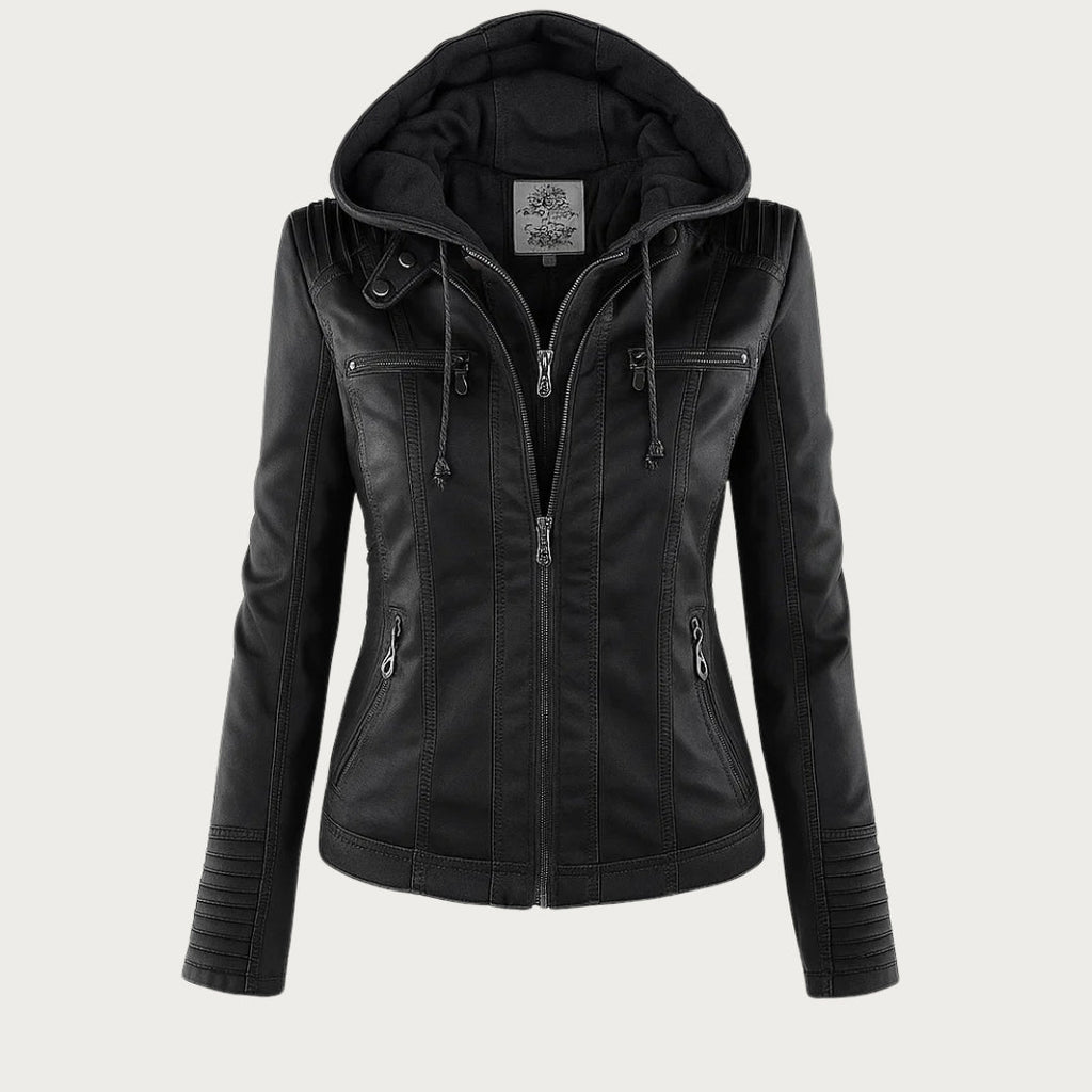 Leather Biker Jacket with Removable Hood and Zip Detail – Casual, Everyday Wear