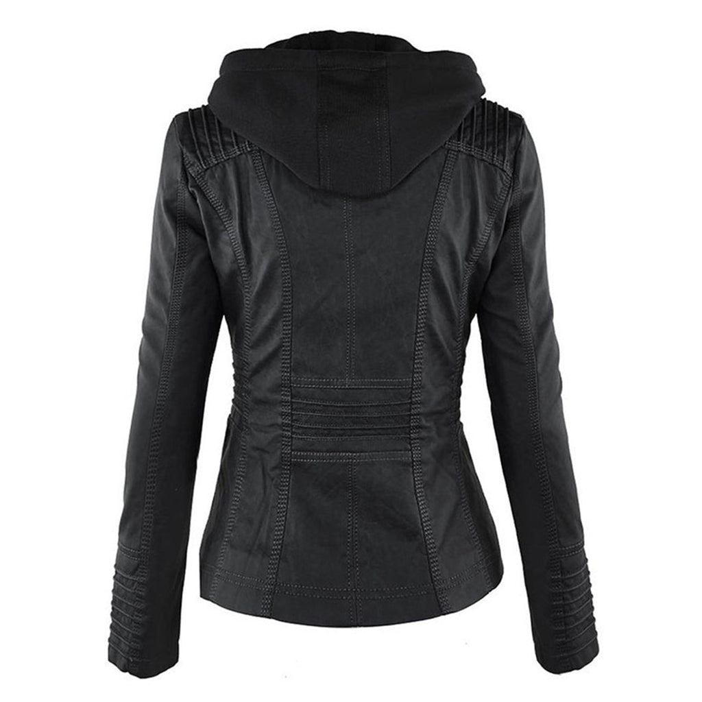 Leather Biker Jacket with Removable Hood and Zip Detail – Casual, Everyday Wear