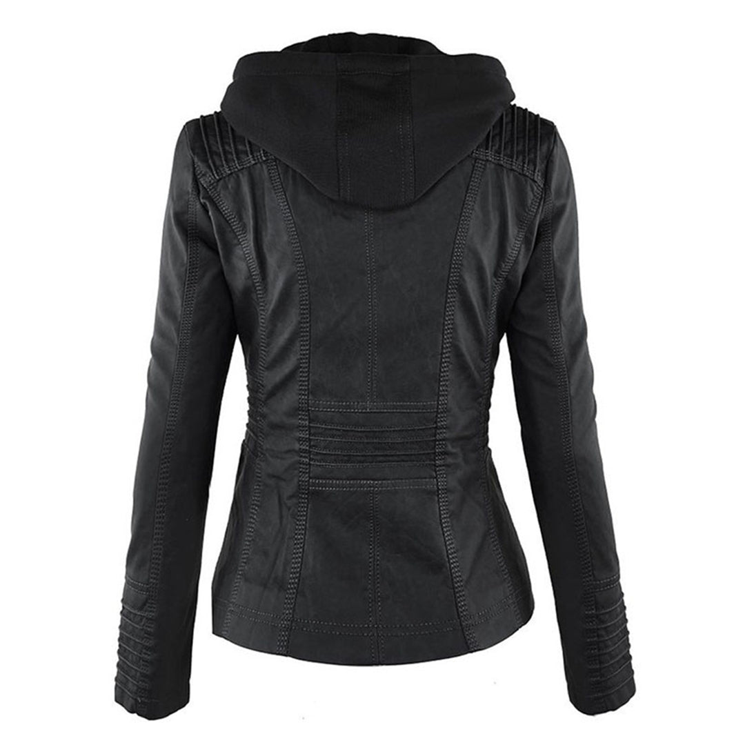 Leather Biker Jacket with Removable Hood and Zip Detail – Casual, Everyday Wear