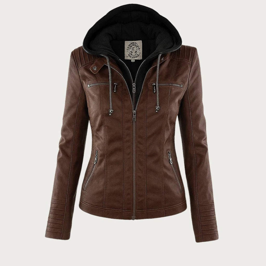 Leather Biker Jacket with Removable Hood and Zip Detail – Casual, Everyday Wear