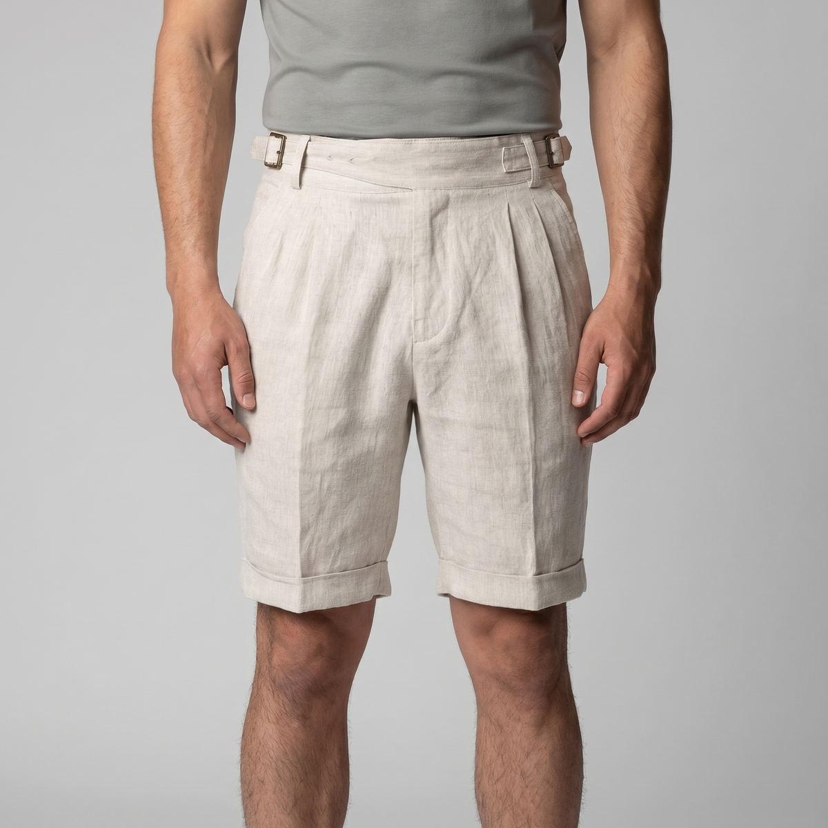 Linen Classic Men's Shorts with Adjustable Waist and Pleats for Casual Wear