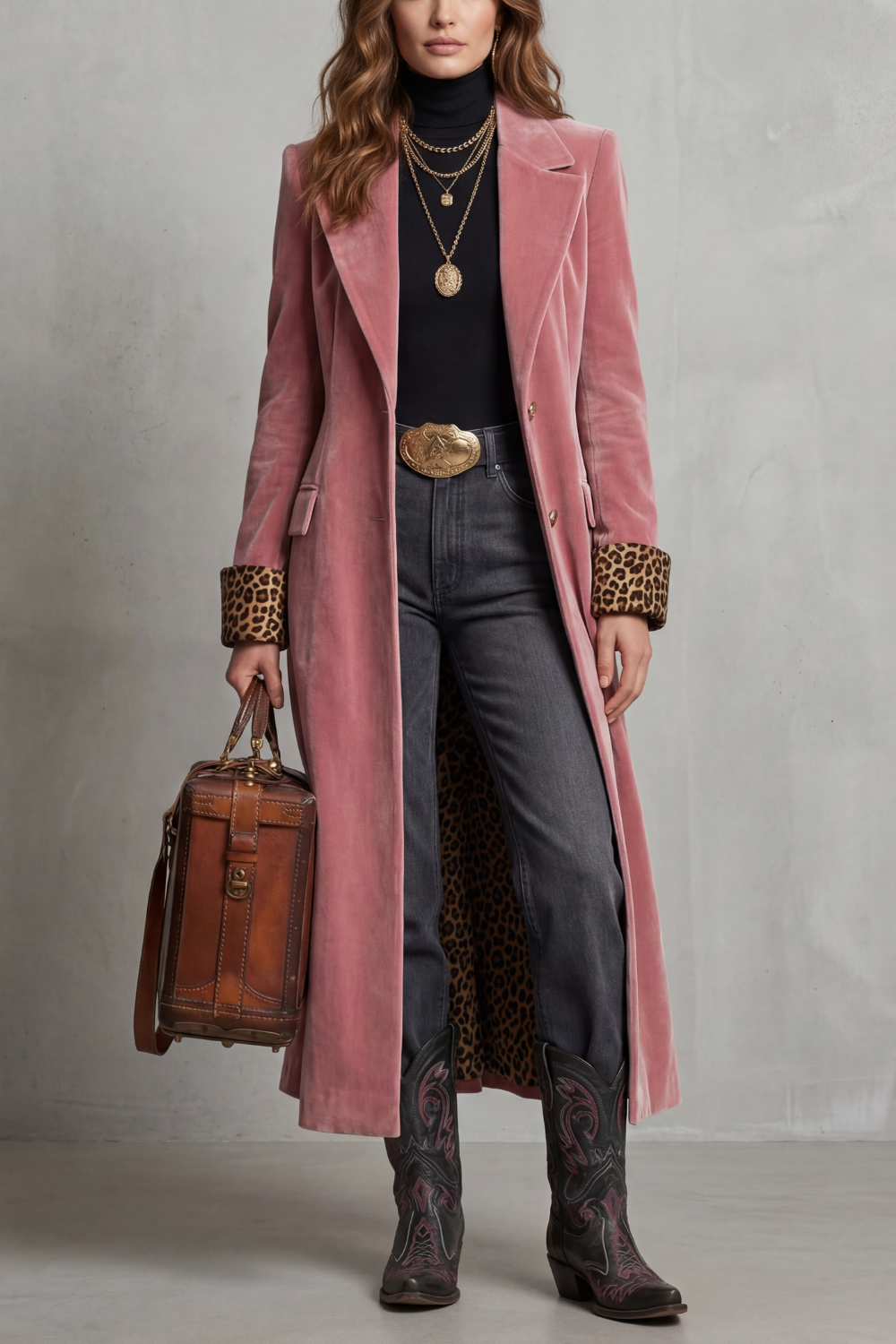 Women's Long Coat with Leopard-Print Velvet Lining – Stylish Layering, Chic Outfits